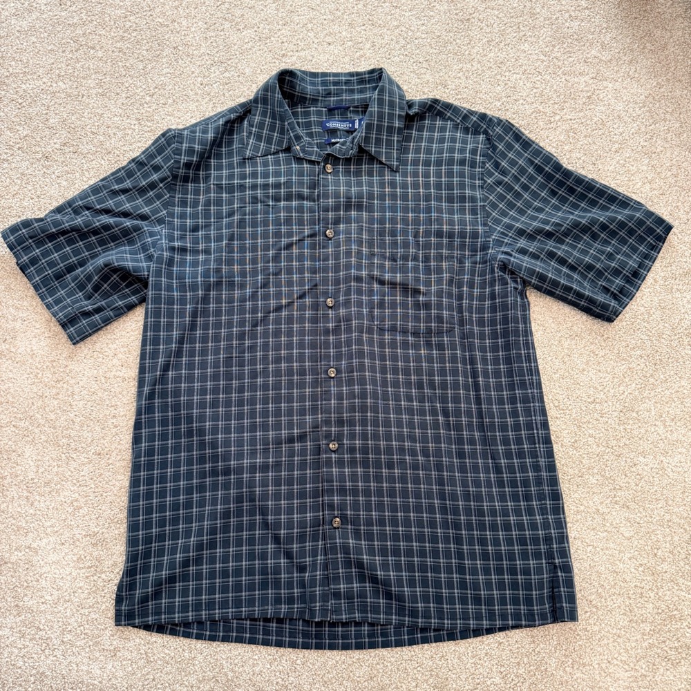 Consensus Button Down Shirt Mens Medium Navy Blue Grid Check Microfiber Modal SS